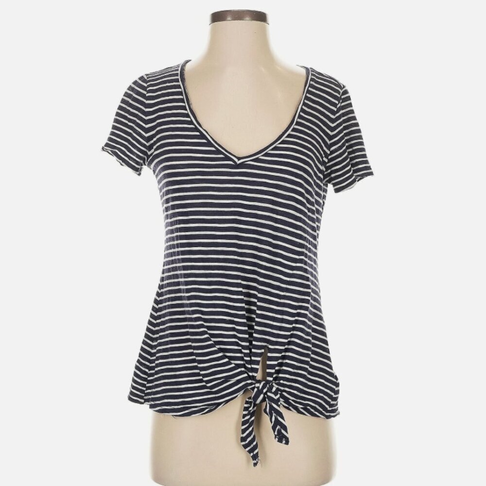 Express One Eleven Women's Sz Small V-Neck T-Shirt Black White Stripes Tie Front